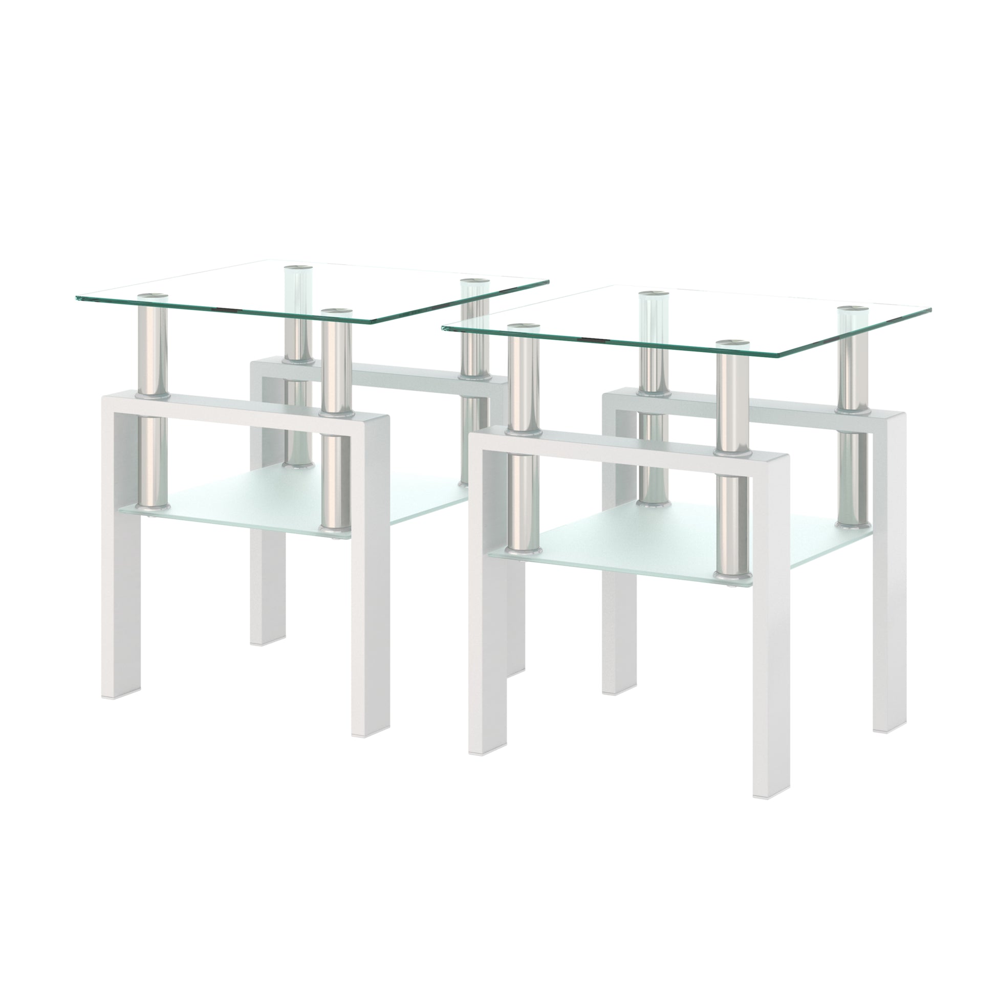 Set of 2 modern tempered glass coffee and end tables with white square design, transparent glass surfaces for living room decor