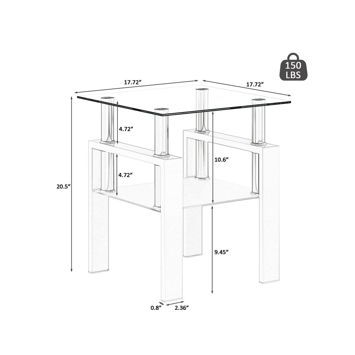 Set of 2 modern tempered glass coffee and end tables with square transparent and white surfaces for living room decor.