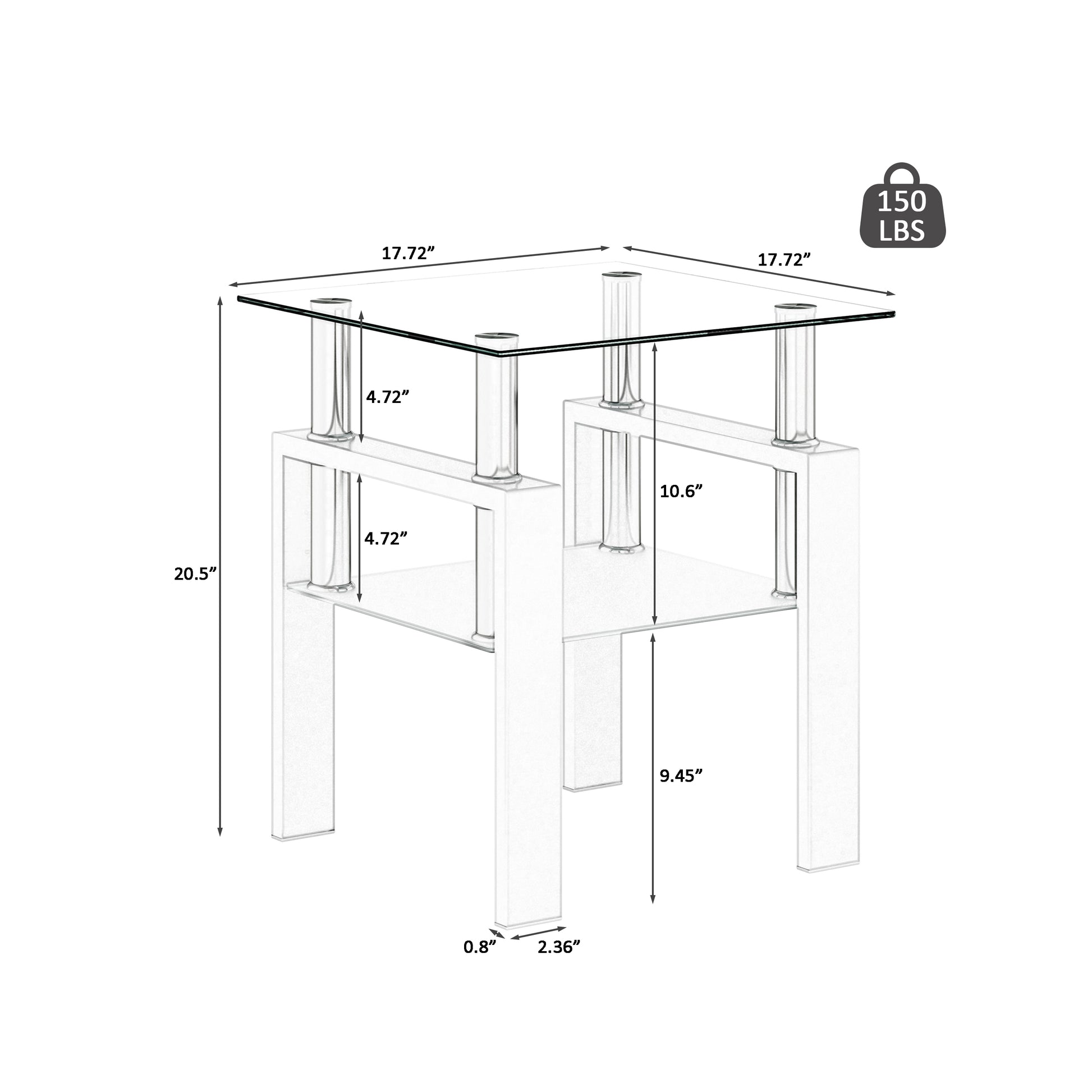 Set of 2 modern tempered glass coffee and end tables with square transparent and white surfaces for living room decor.