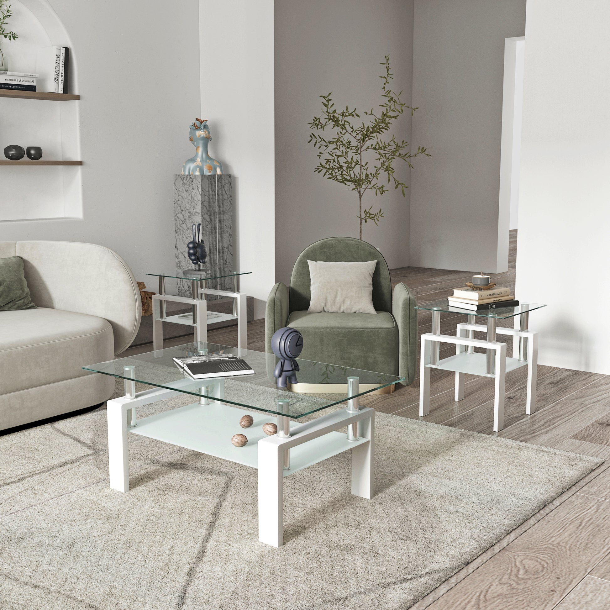 Set of 2 modern tempered glass coffee and end tables with square shape in transparent and white for living room decor.