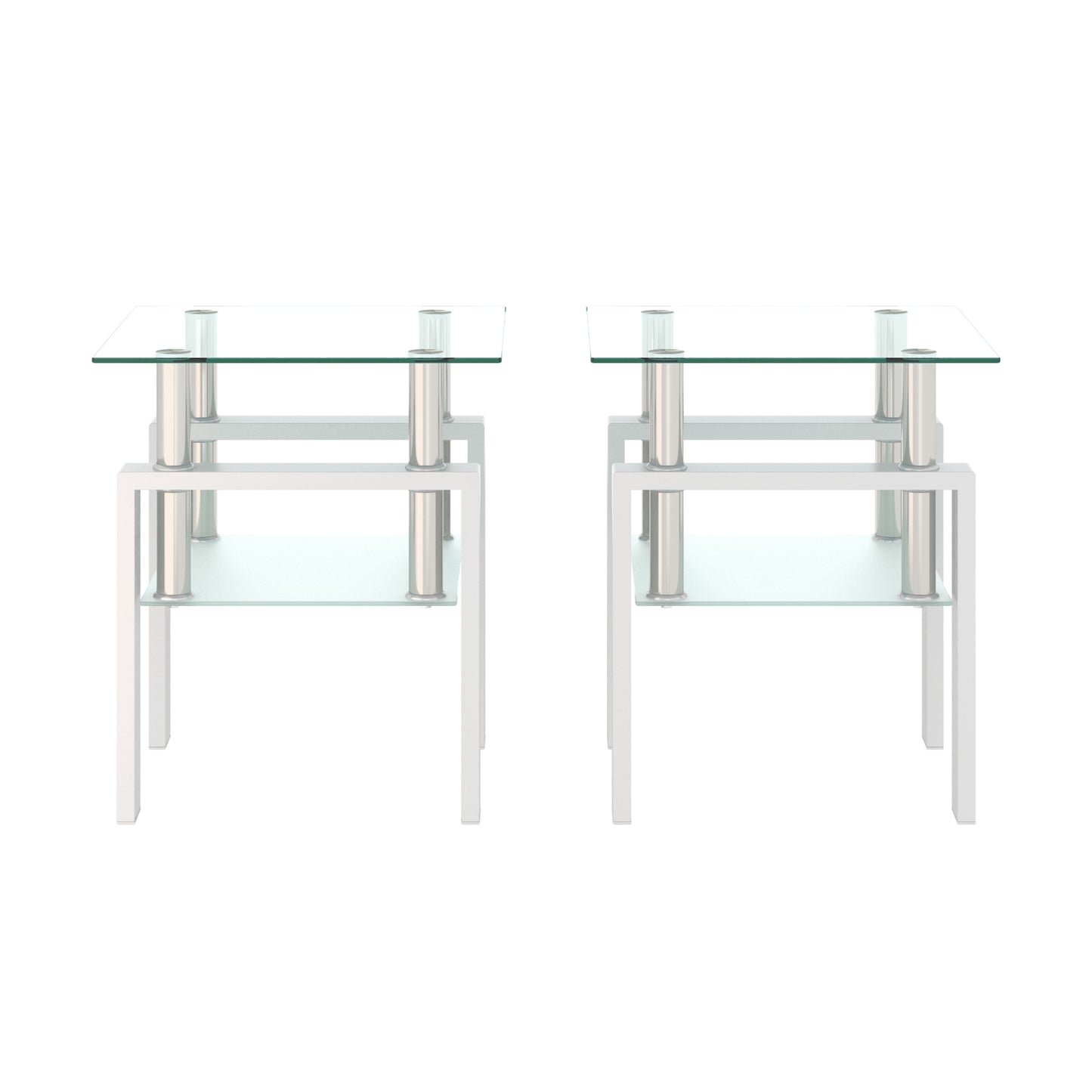 Set of 2 modern tempered glass coffee and end tables with white square design for living room, transparent and stylish by eprolo