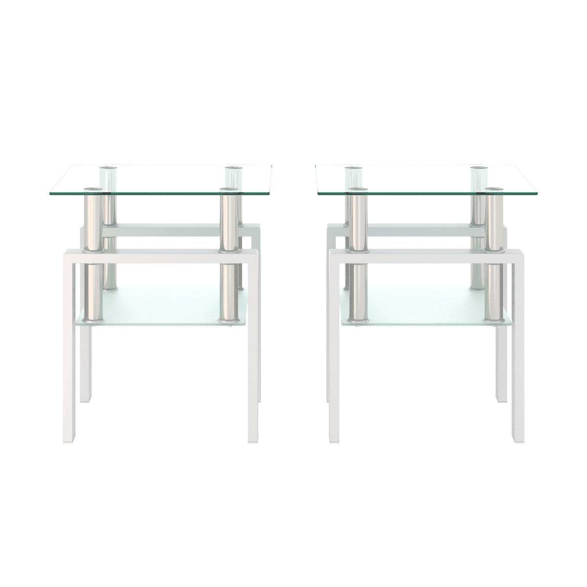 Set of 2 modern tempered glass coffee and end tables with white square design for living room, transparent and stylish by eprolo