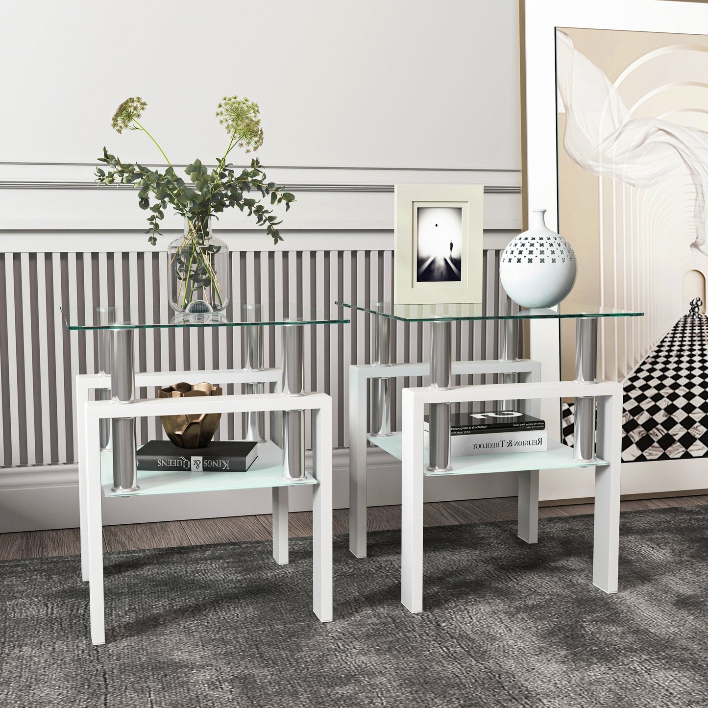 Set of 2 modern tempered glass coffee and end tables with square transparent and white surfaces for living room decor.