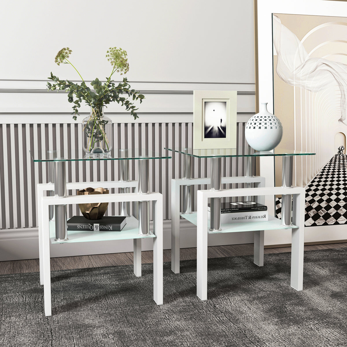 Set of 2 modern tempered glass coffee and end tables with square transparent and white surfaces for living room decor.