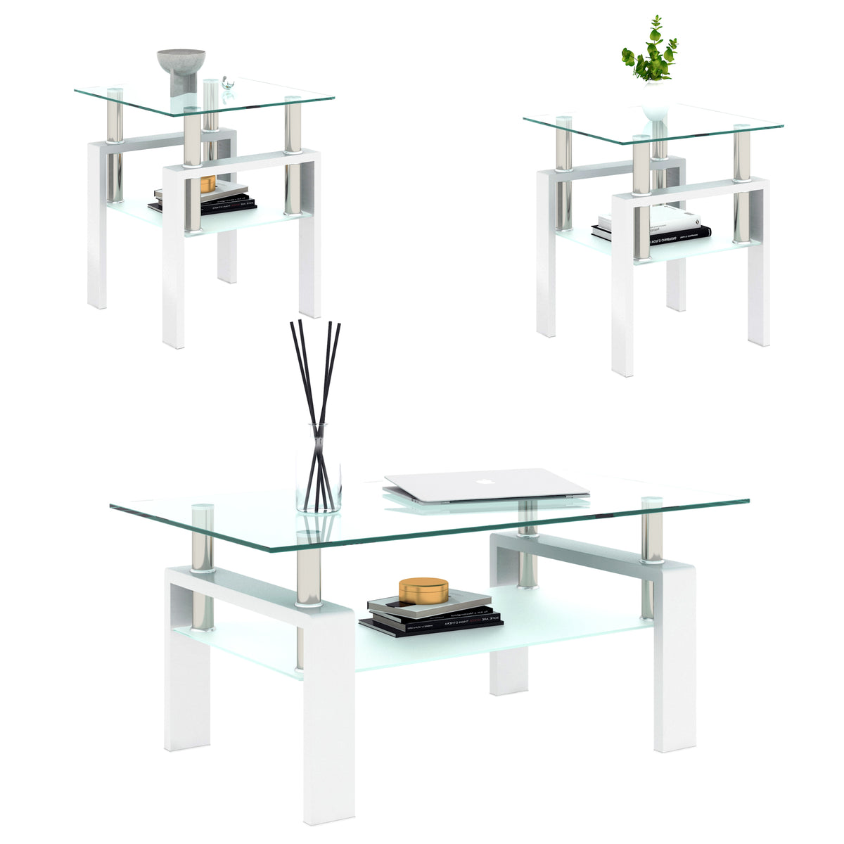 Set of 2 modern tempered glass square coffee and end tables in transparent and white, suited for living room decor.