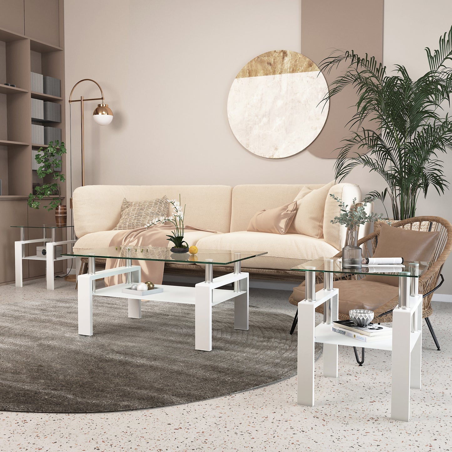 Set of 2 eprolo modern square tempered glass coffee and end tables with transparent and white finishes for living room decor.