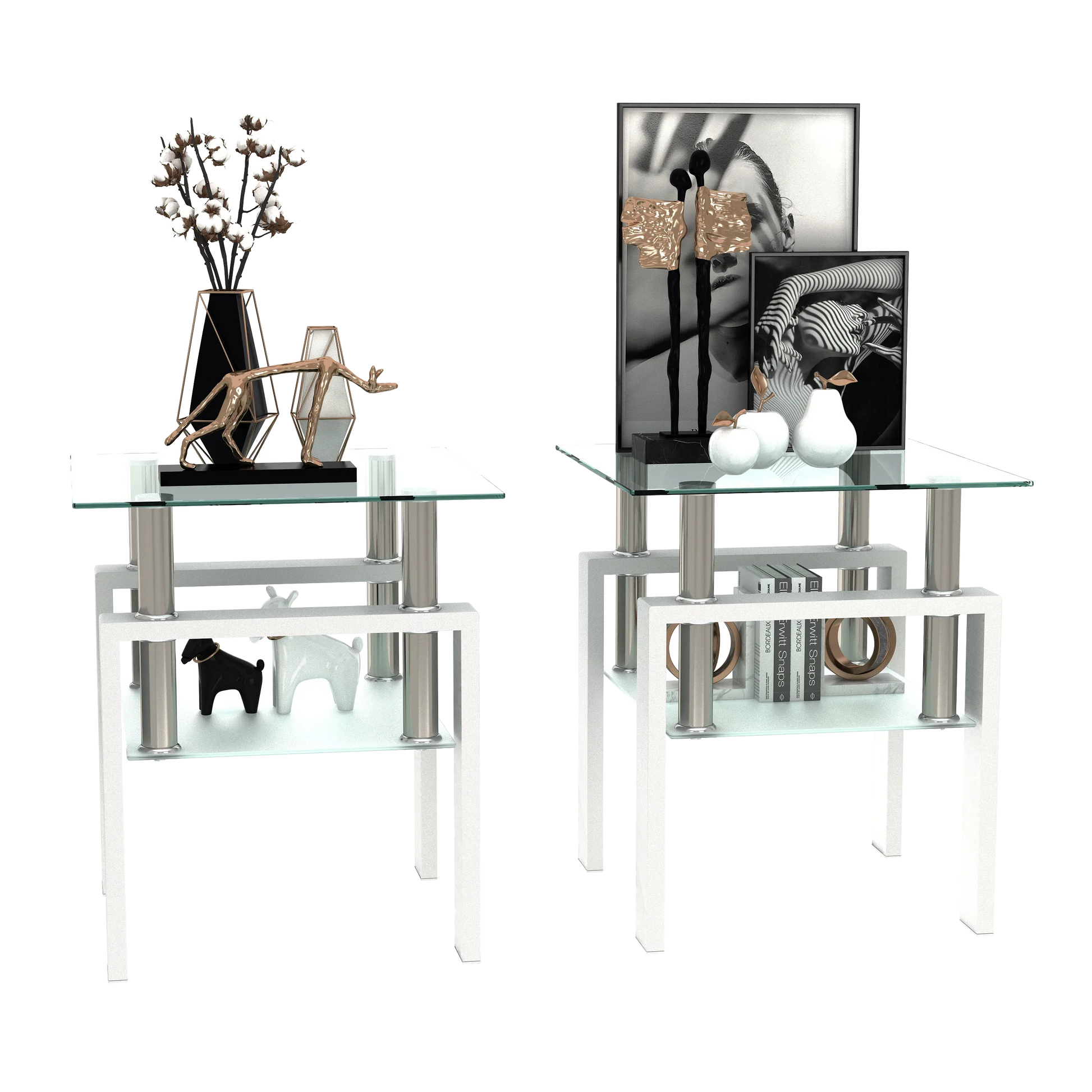 Set of 2 modern tempered glass square coffee and end tables with transparent and white finishes for living room decor.
