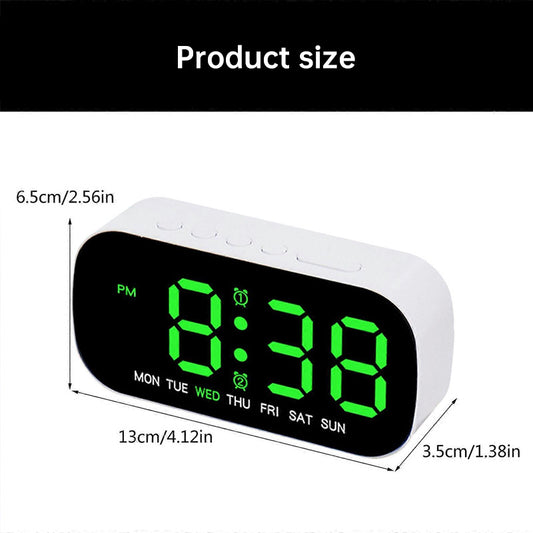 eprolo USB digital alarm clock with LED display showing time, date, temperature, dual alarms, snooze, and adjustable brightness.