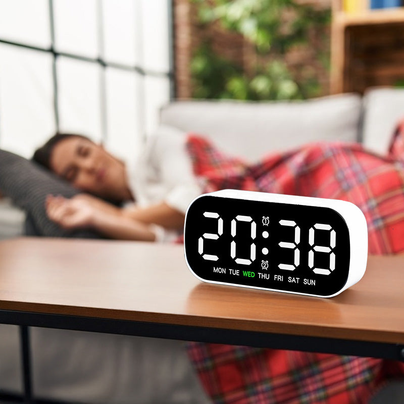 eprolo USB digital alarm clock with LED display, showing time, temperature, date, week, dual alarms, snooze, and night mode.