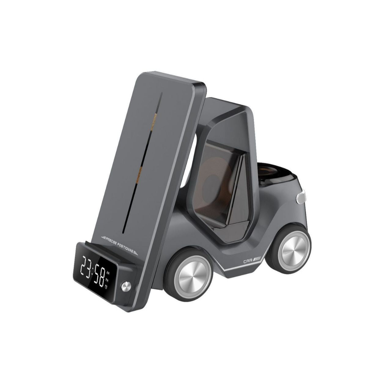 Wireless charging stand with alarm clock for iPhone, iWatch, and AirPods, featuring fast charging and sleek design by eprolo.