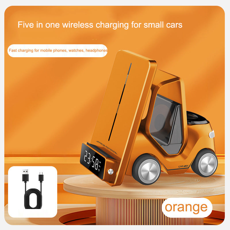 Wireless charger stand with alarm clock for iPhone 15, 14, 13, 12, iWatch, and AirPods, featuring fast charging station.