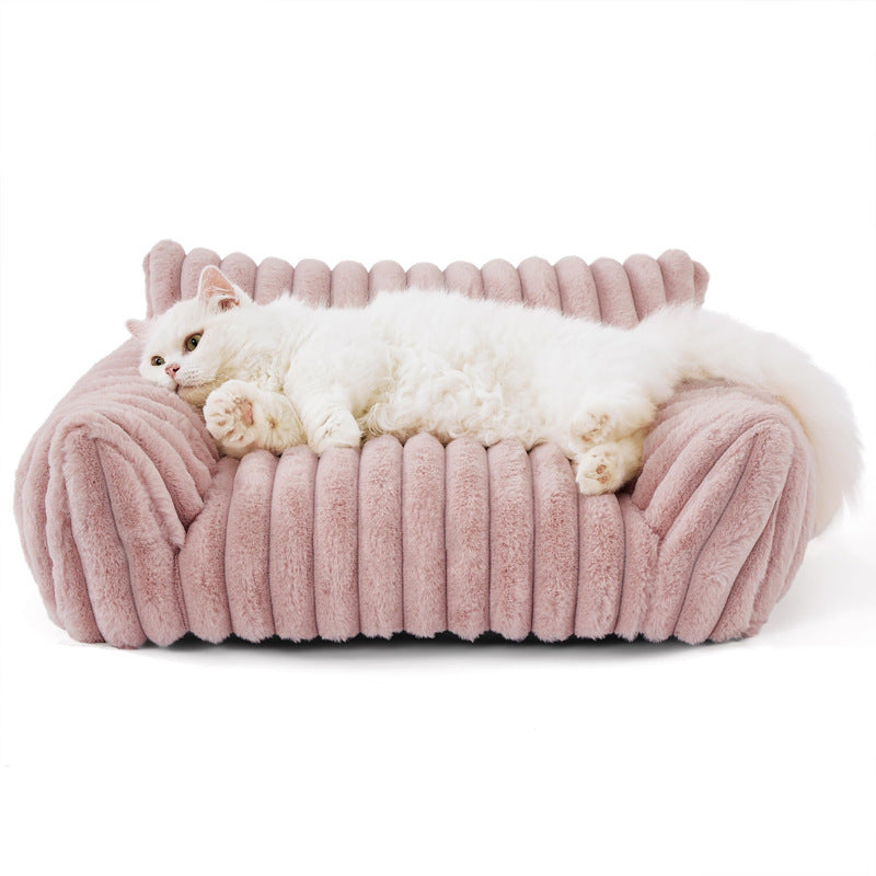 Eprolo pet sofa with removable washable cover, all-season pet mattress, plush rabbit fur dog bed on a cozy sofa.