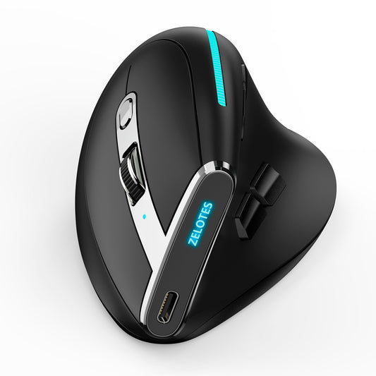 Eprolo ZELOTES Master F36 vertical ergonomic gaming mouse with Bluetooth, programmable buttons, and charging port, shown in black.