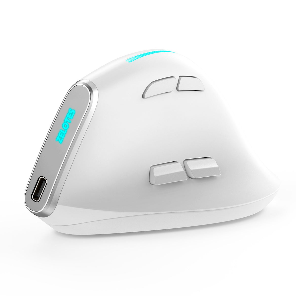 Eprolo ZELOTES Master F36 vertical ergonomic gaming mouse with Bluetooth, programmable buttons, and charging port, viewed from the front.