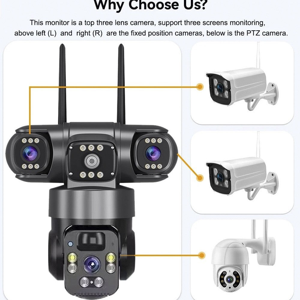 eprolo V380 wireless solar-powered surveillance camera with 360-degree panoramic view and three lenses for comprehensive security.