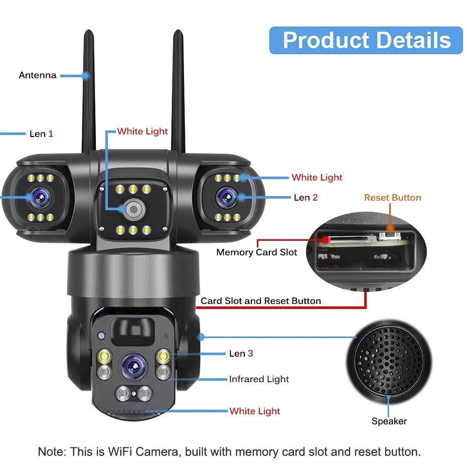eprolo V380 360-degree panoramic wireless solar-powered security camera with three lenses for comprehensive surveillance.