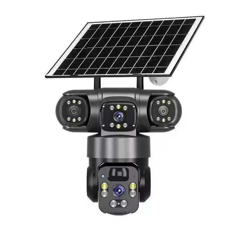 Wireless eprolo V380 360-degree panoramic surveillance camera with three lenses, solar-powered, WiFi, and 4G connectivity.