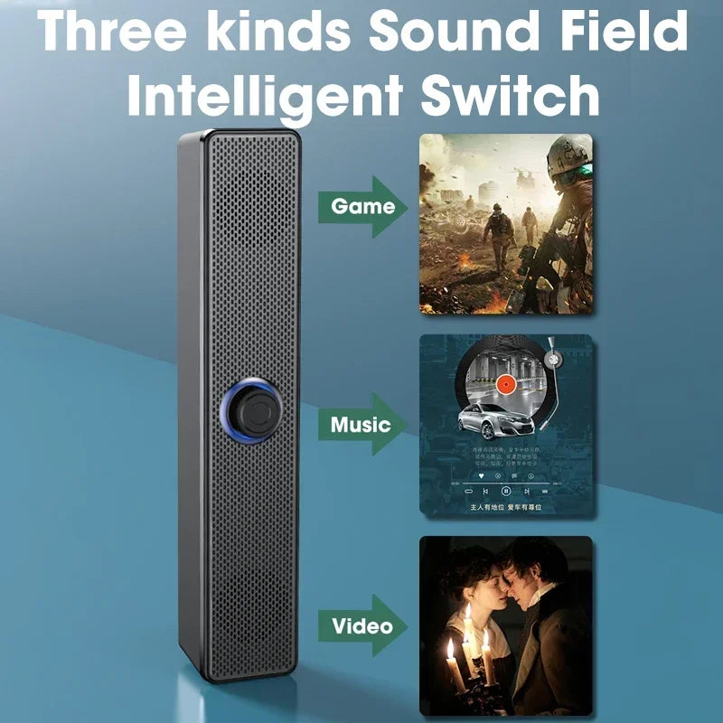 eprolo wired and wireless Bluetooth PC soundbar with USB power, suitable for TV, PC, laptop, gaming, and home theater surround audio