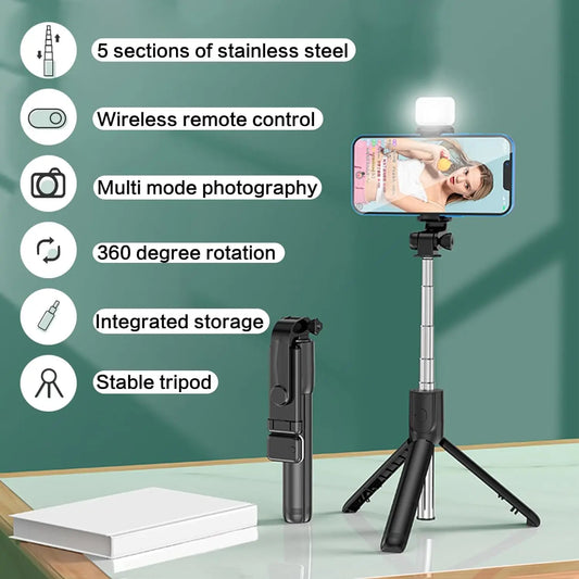 Selfie Stick with Fill Light Extendable Selfie Stick Tripod with Wireless Remote and Phone Holder Group Selfies For All  phones - American Smart