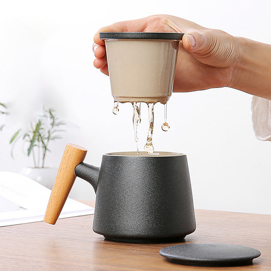 Eprolo wooden handle ceramic tea cup with lid and filter, designed for tea water separation, featuring floral design for office use