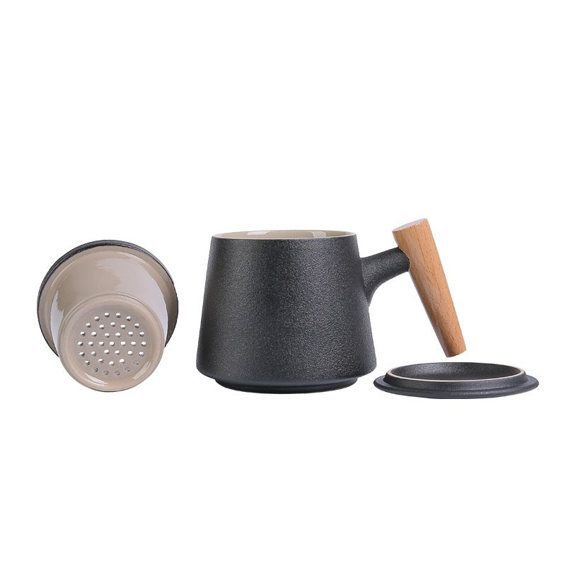 Eprolo ceramic tea cup with wooden handle, lid, filter, and flower design, ideal for tea water separation and office use.
