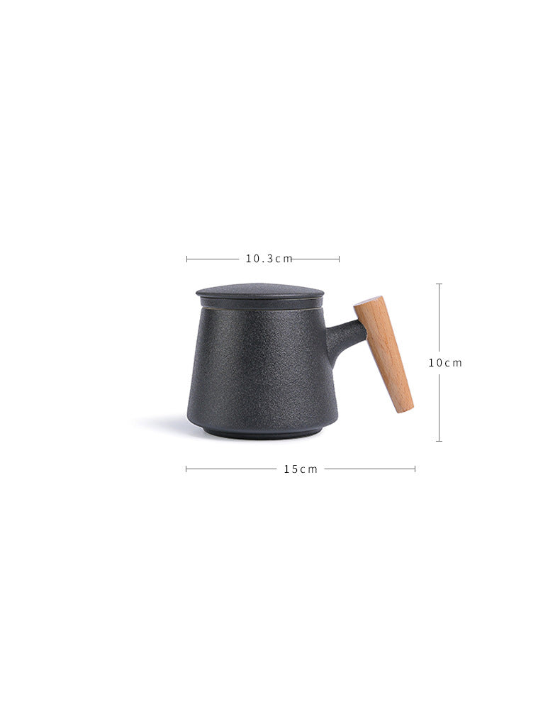 Eprolo wooden handle ceramic tea cup with lid, filter, and flower design, ideal for tea and water separation.