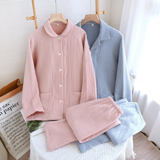 Eprolo women's pure cotton gauze sleepwear set in four layers, suitable for couples in spring, autumn, and winter, casual plus size.