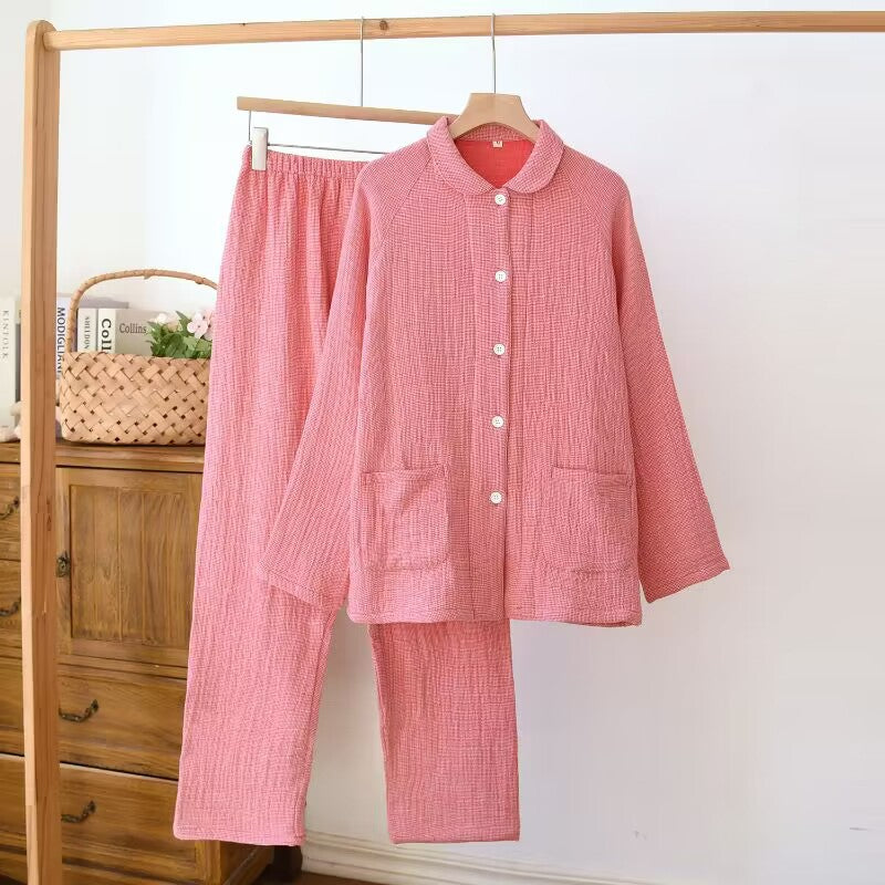 Eprolo women's pure cotton gauze sleepwear set for couples, suitable for spring, autumn, and winter, with a cozy, layered design