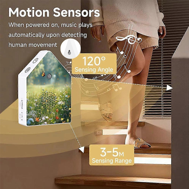 Eprolo realistic birdsong music box with motion sensor, portable bird chirp speaker for desktop or wall mounting.