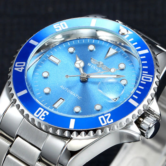 Eprolo luxury blue men's automatic skeleton mechanical wristwatch showing intricate dial and watch hands.