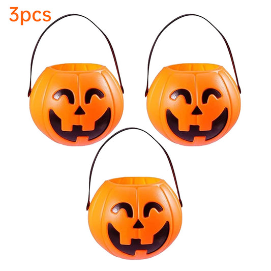 Three plastic Halloween pumpkin buckets by eprolo, 7-inch size, perfect for kids' trick-or-treating and festive home decor.