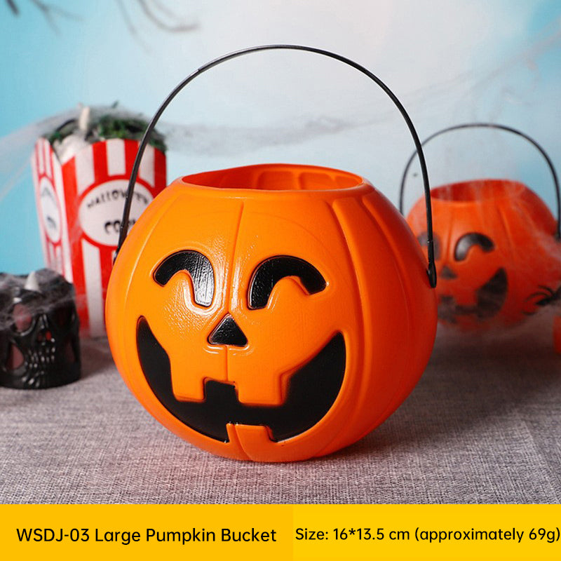 Three plastic Halloween pumpkin buckets with handles, ideal for kids' trick-or-treat candy collection and Halloween decor.
