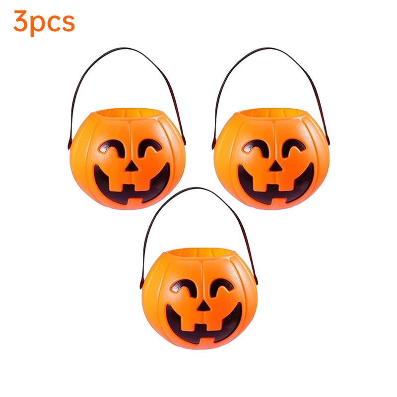 Three plastic Halloween pumpkin buckets from eprolo, 7-inch size, designed for kids' trick-or-treating and Halloween decor.