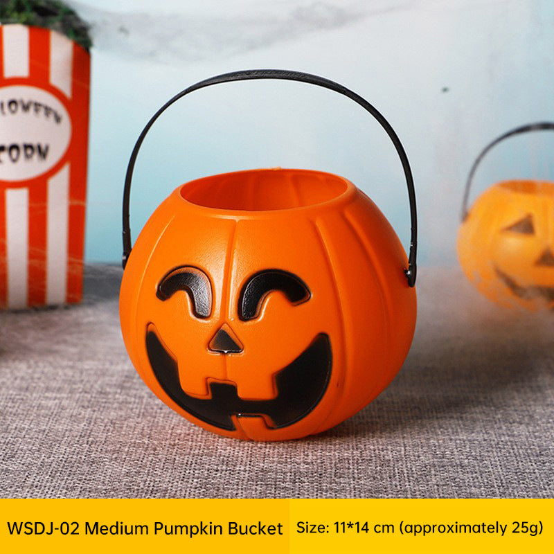 Three plastic Halloween pumpkin buckets by eprolo, 7-inch size, used as kids' trick-or-treat candy holders and festive decor.