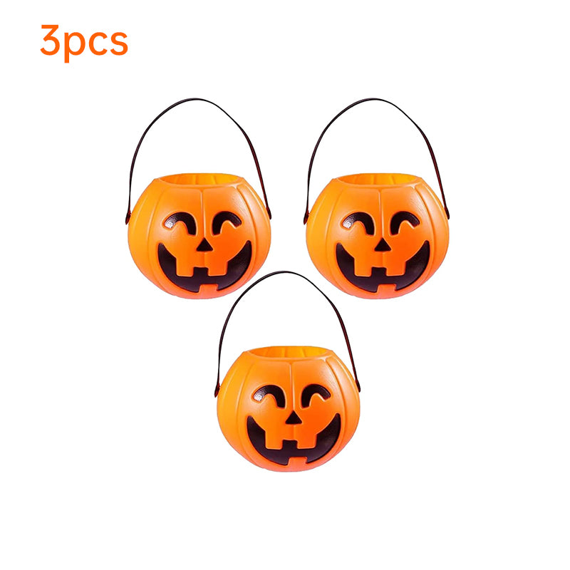 Three plastic Halloween pumpkin buckets by eprolo, 7 inches tall, designed for kids' trick-or-treating and Halloween decor.