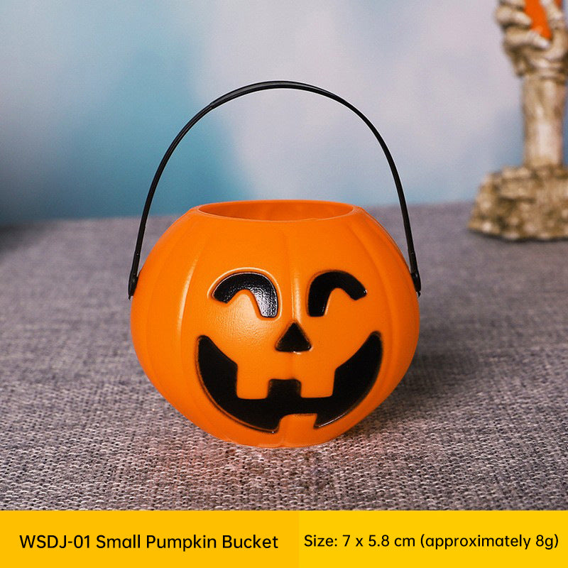 Three plastic Halloween pumpkin buckets with handles, designed for kids' trick-or-treating and Halloween home decor by eprolo.