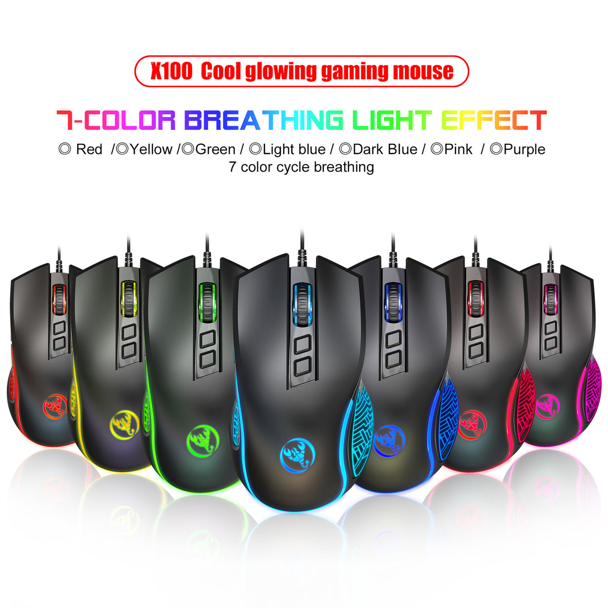 Eprolo X100 wired gaming mouse with colorful glow, ergonomic design, and adjustable 3600dpi for precision gaming.