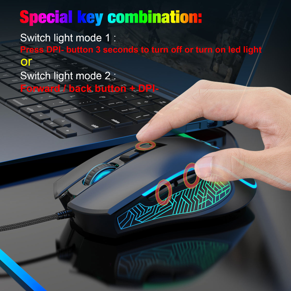 Eprolo X100 wired gaming mouse with colorful glow, ergonomic design, and adjustable 3600 DPI for e-sports and office use