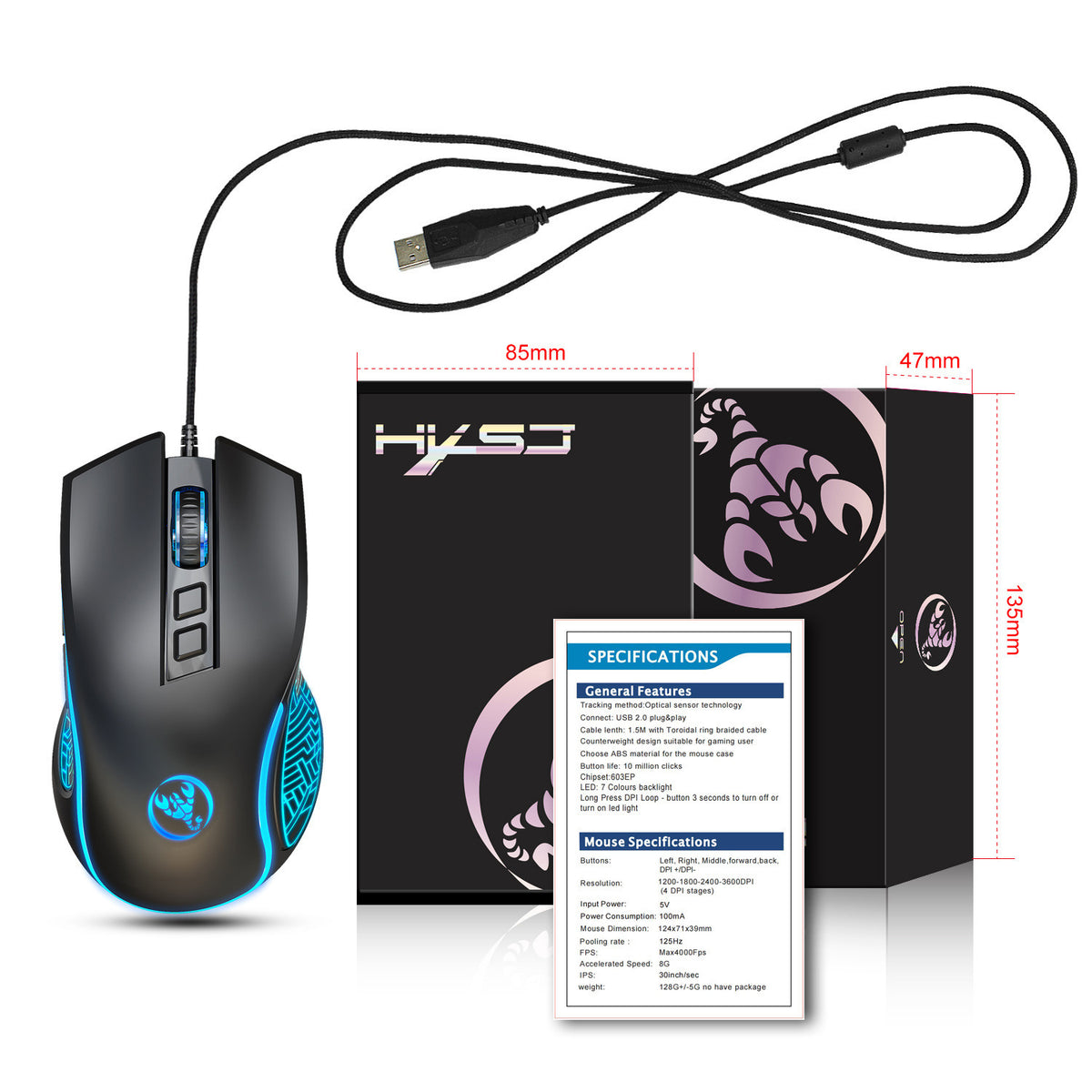 Eprolo X100 wired gaming mouse with colorful glowing lights, ergonomic design, adjustable 3600 DPI for precise gaming control