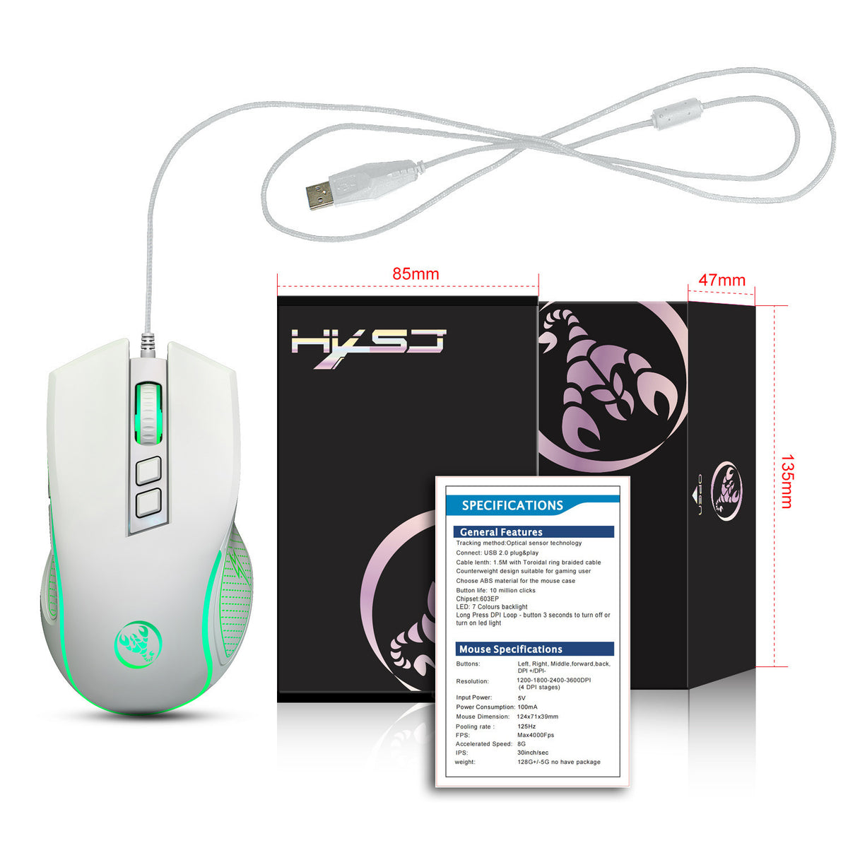 Eprolo X100 wired gaming mouse with colorful LED glow, ergonomic design, and adjustable 3600 DPI for e-sports and office use