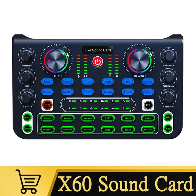 Eprolo HD X60 sound card and professional audio mixer for karaoke, broadcast, KTV singing, with multiple controls and input ports