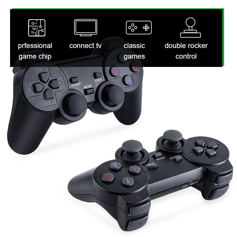 Wireless HD game console by eprolo with HDMI output, featuring classic PSP and Sega arcade game simulations on a home TV.