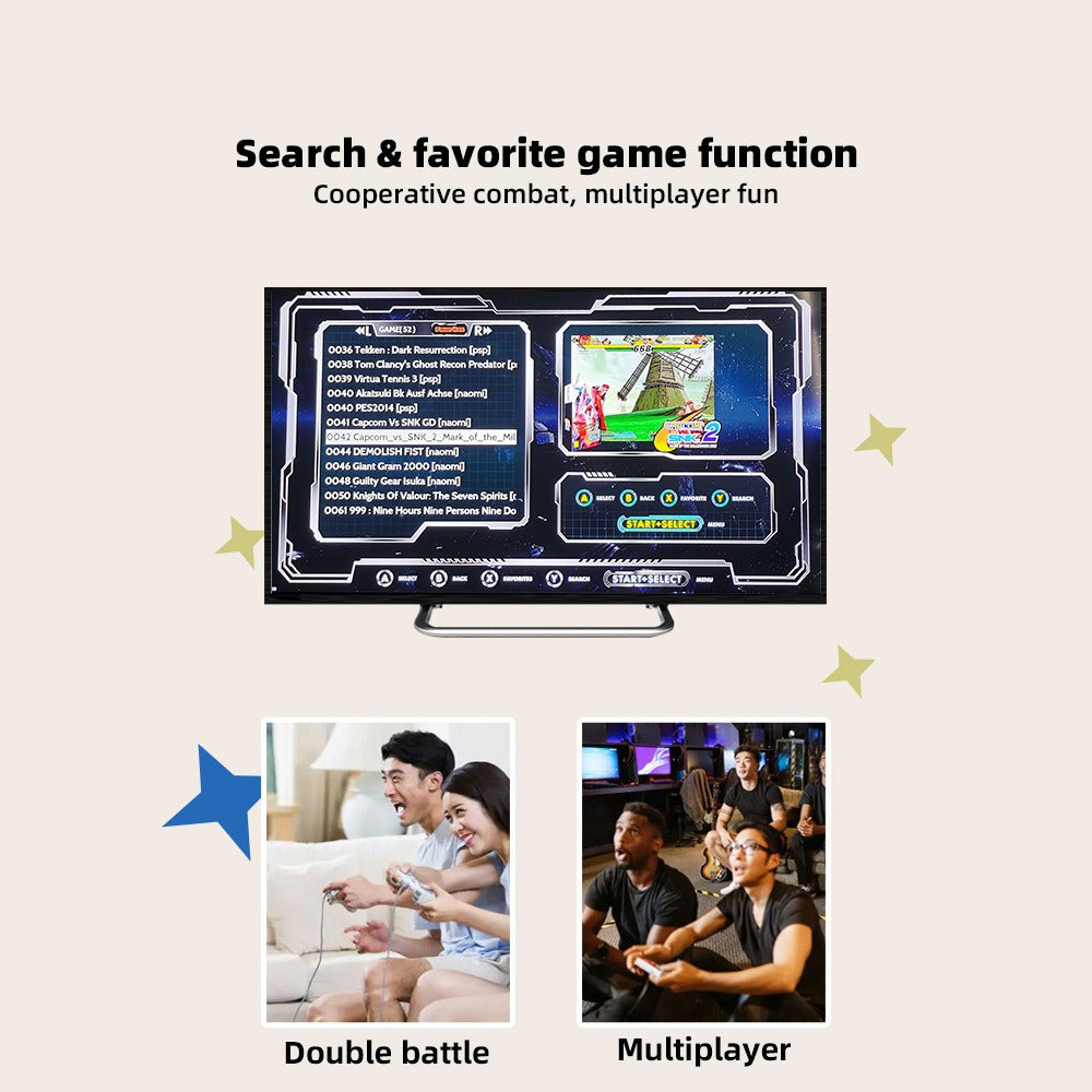 Retro Mini GD10 gaming console by eprolo with classic design, HD output, wireless gaming, and nostalgic home TV setup.