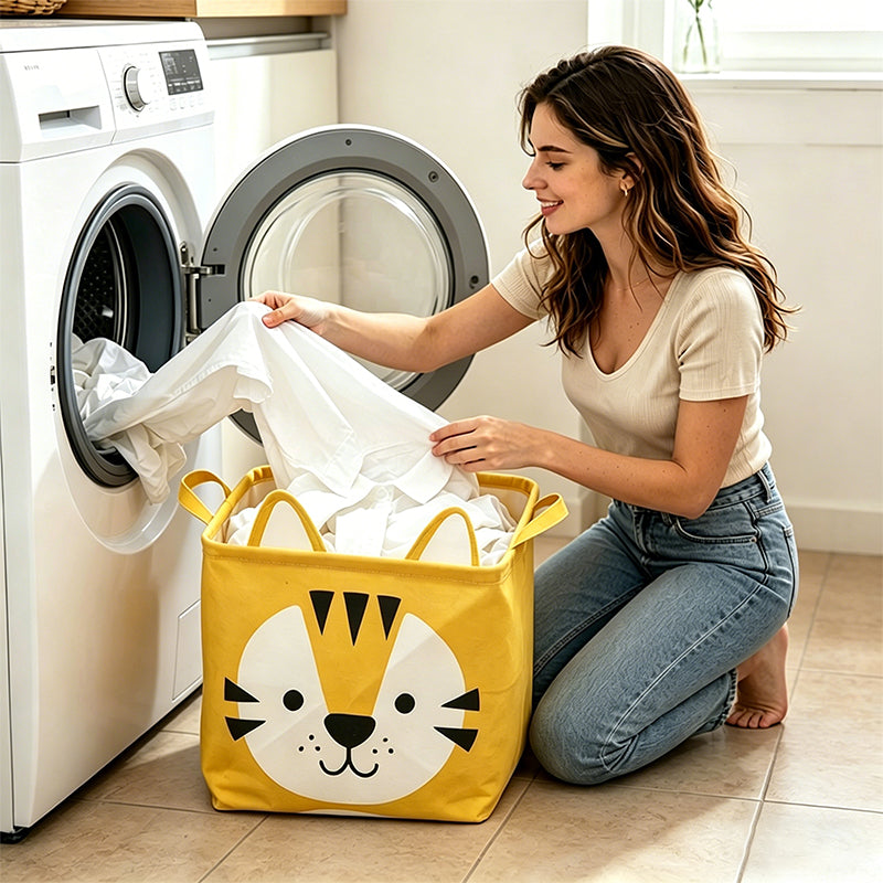 Fabric cartoon kids' toy storage bin by eprolo, foldable clothing organizer and laundry hamper with colorful cartoon design.