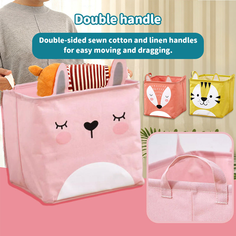 Colorful fabric cartoon kids' toy storage bin by eprolo, foldable clothing organizer and laundry hamper in a creative living room setting.