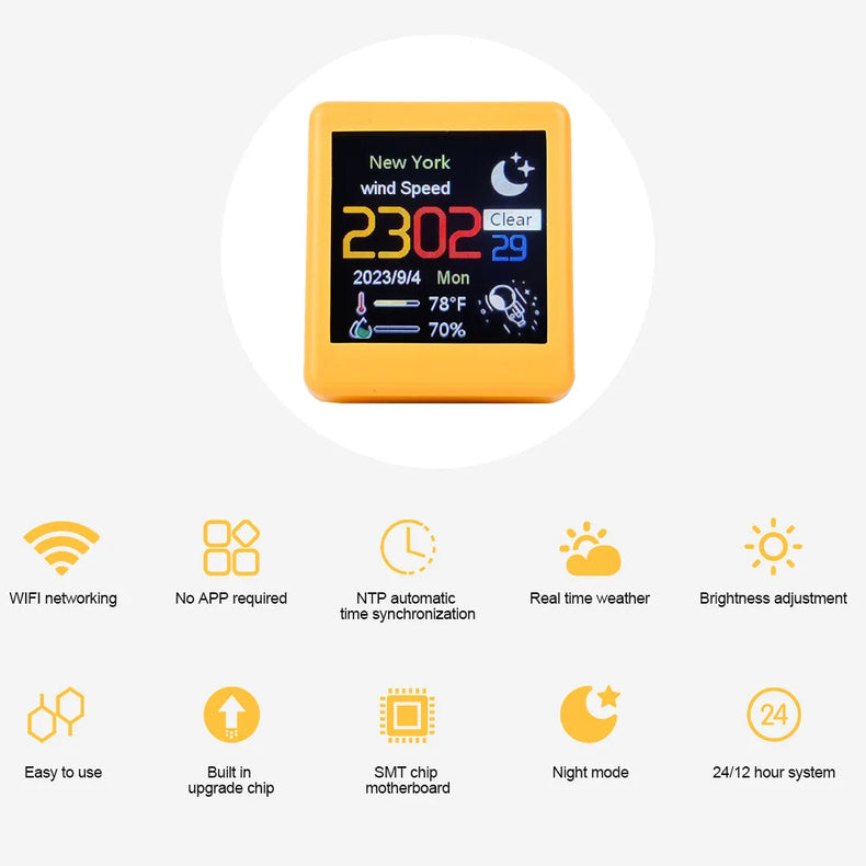 Mini eprolo smart WiFi weather forecast station clock with animated GIFs, electronic album, and gaming desktop decoration features.