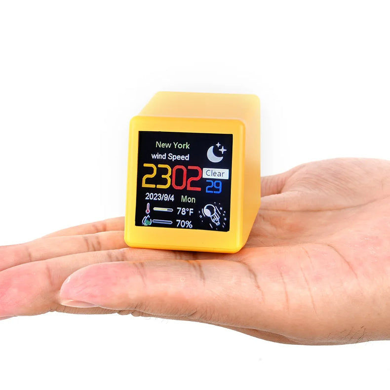 Mini smart WIFI weather forecast station clock by eprolo with colorful GIF animations, desktop decoration, and electronic album features.