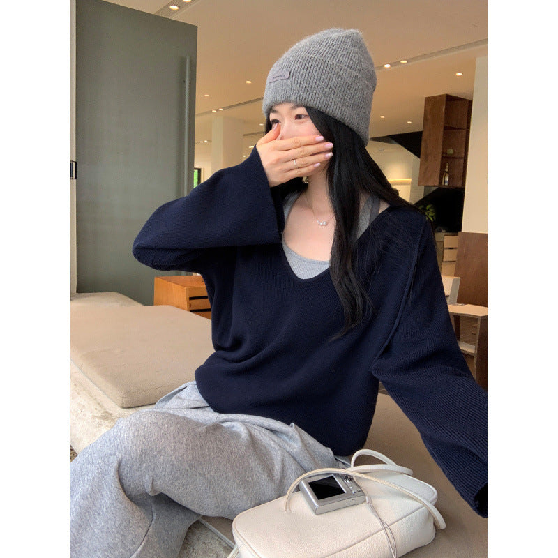 Chiffon Hooded Deep V-Neck Outerwear Long Sleeve Knit Sweater for Women - American Smart