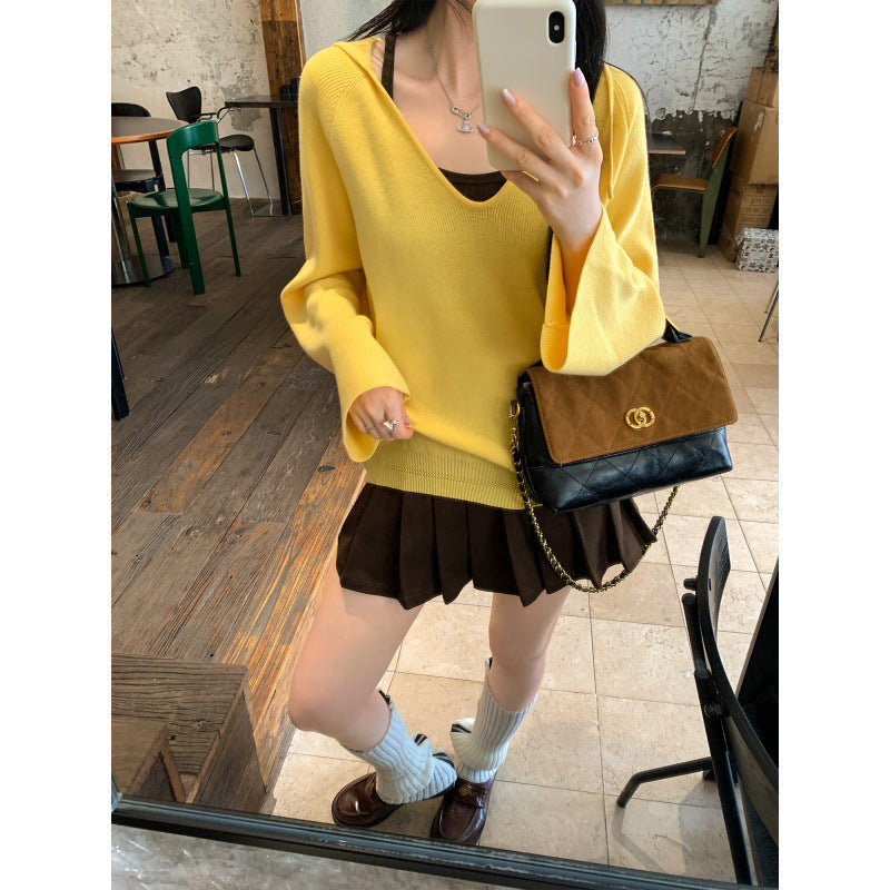 Chiffon Hooded Deep V-Neck Outerwear Long Sleeve Knit Sweater for Women - American Smart