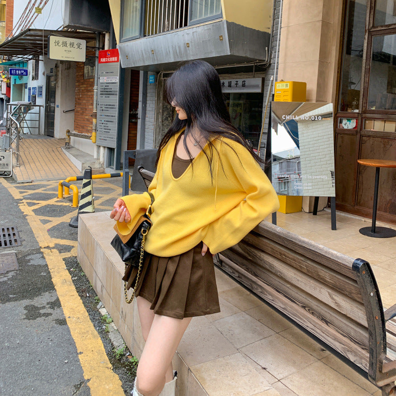 Chiffon Hooded Deep V-Neck Outerwear Long Sleeve Knit Sweater for Women - American Smart